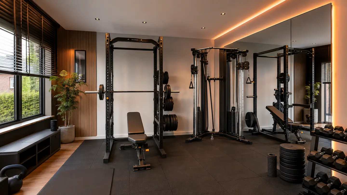 Compacte luxe homegym met krachtrek, kabelstation, gewichten en warme verlichting