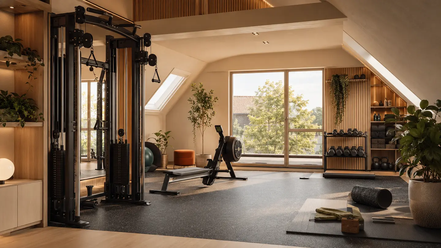 Warme residentiële homegym met functional trainer, roeier, vrije gewichten en mobiliteitszone