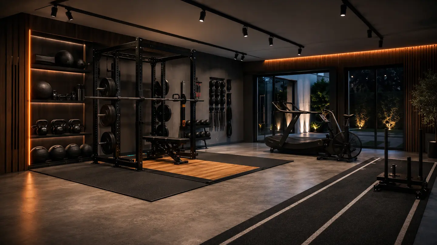 High-performance privégym met power rack, lifting platform, cardio en functionele trainingszone